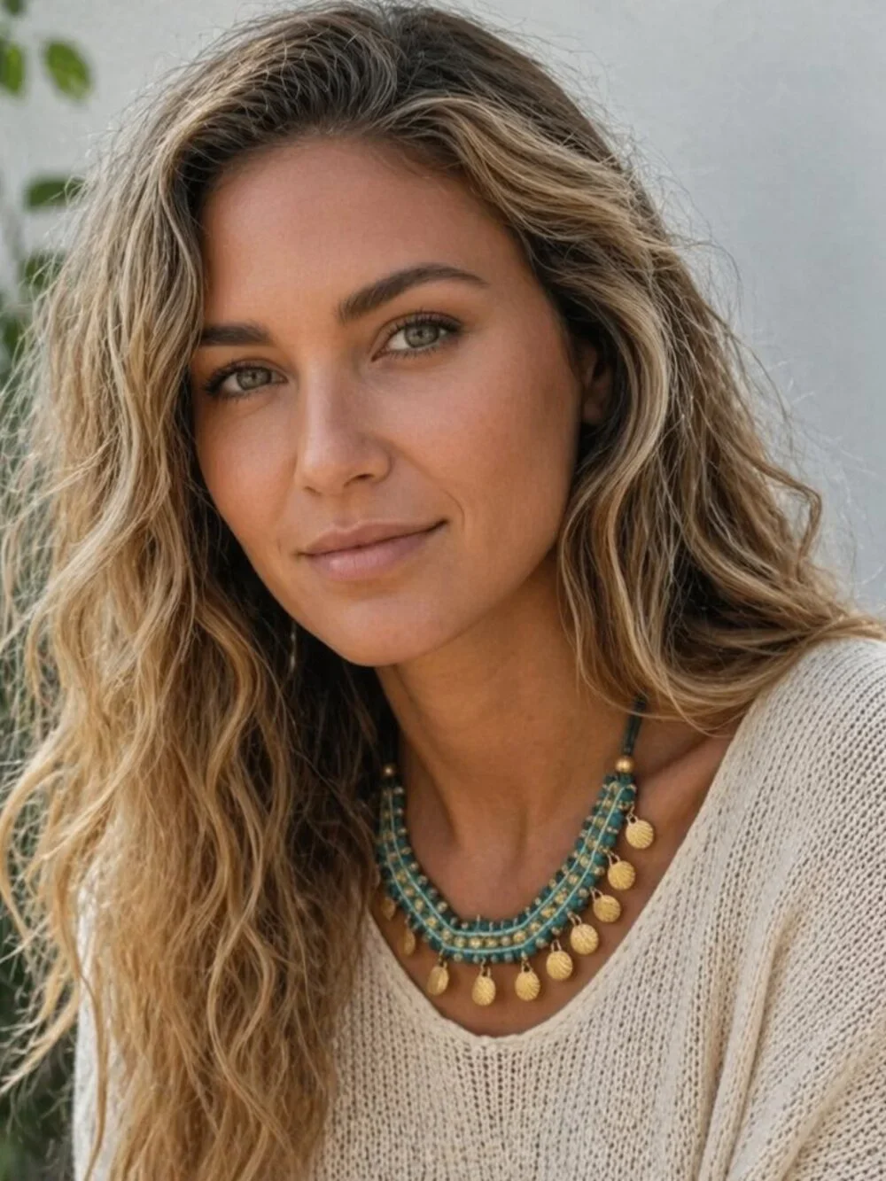 Boho Woven Bib Necklace Turquoise Navy Gold Shell Charms Handmade Cottagecore
